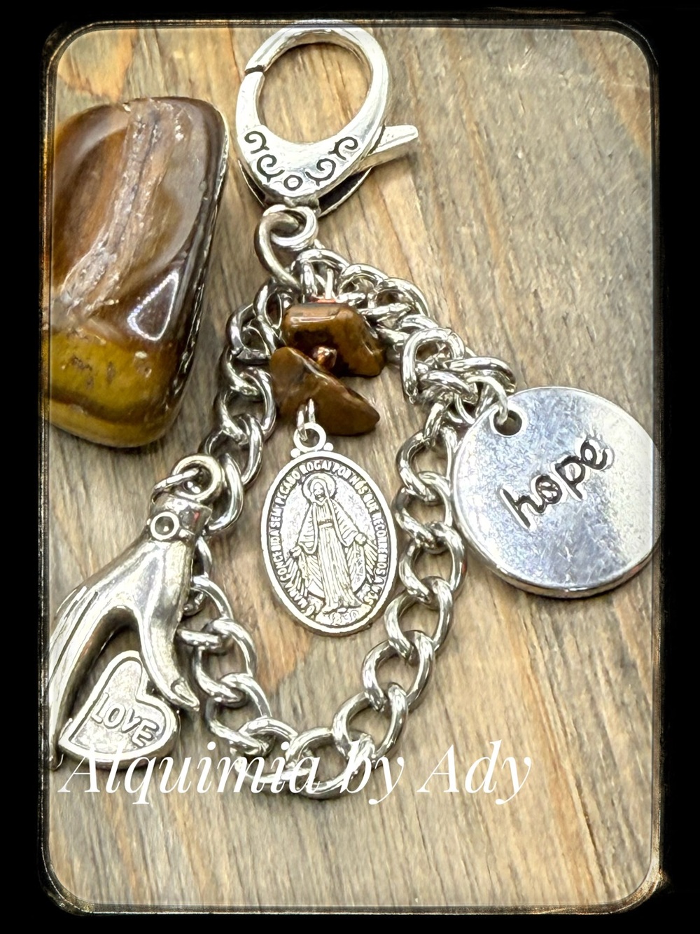 Silver Charm Keychain with Brown Tiger Eye Chips and 'Hope' Disc